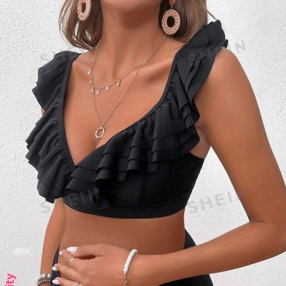 NEW SHEIN Swimsuit Top With Ruffle Trim Black Bikini TOP only XL (12) - Picture 5 of 7